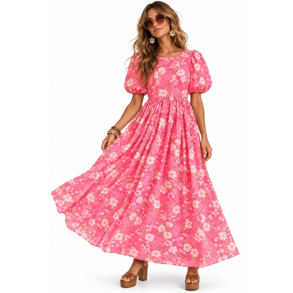 Vintage 70s Maxi Dress Small Garden Party Gown Flower Power Bright Pink Cottage
